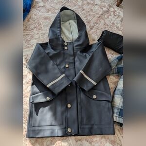 Dark Gray Raincoat with Hood and Contrasting Cuffs